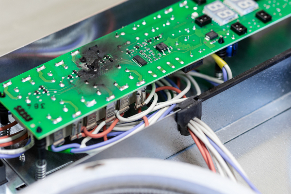 Abgebrannter grüner Mikrochip nach Kurzschluss durch Wasserschaden Abgebrannter gruener Mikrochip nach Kurzschluss durch Wasserschaden