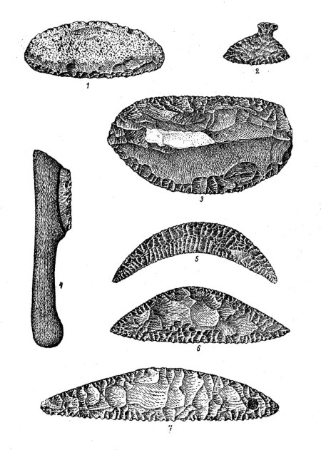 Steinzeitliche Sägewerkzeuge, illustriert vom serbischen Anthropologen Jovan Zujovic (1856 - 1936)