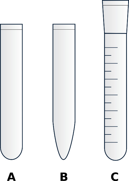 Schematische Darstellung verschiedener Reagenzglasarten: Standard (A), Zentrifugenglas (B), graduierte Form (C)
