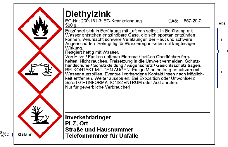 Gefahrstoffetikett für Diethylzink gemäß GHS Gefahrstoffetikett für Diethylzink gemäß GHS
