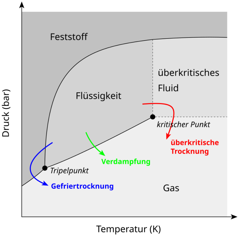 Der Verlauf diverser Trocknungsmethoden im Phasendiagramm von Wasser Der Verlauf diverser Trocknungsmethoden im Phasendiagramm von Wasser
