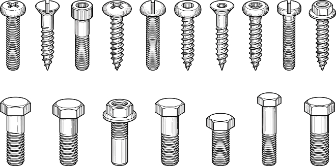 Schematische Darstellung verschiedener Schraubenformen und Antriebsarten