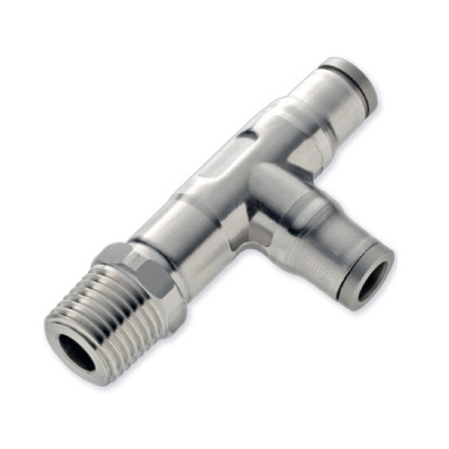 T-Shaped Plug-In Connector made of Stainless Steel with male Thread - asymmetrical