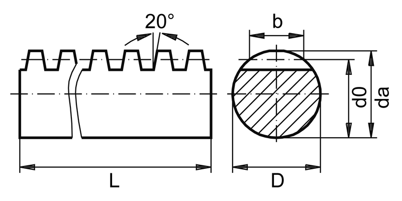 Zahnstangen rund aus Edelstahl Verzahnung gefräst, gerade verzahnt,  Eingriffswinkel 20°